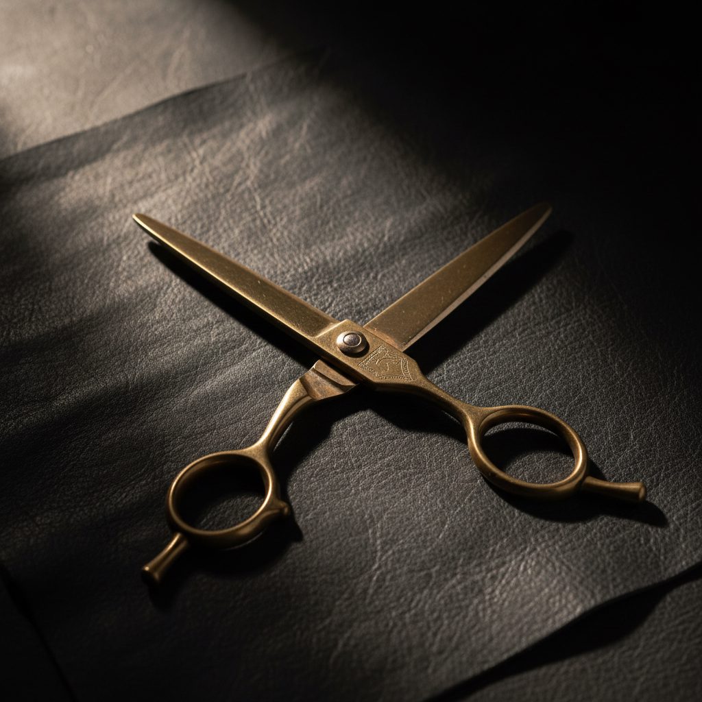 Tijeras de barbero vintage cruzadas sobre cuero